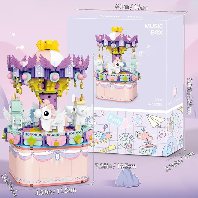 Music Box Building Toys, Rotating Carousel DIY Building Block for Girls and Boys 6 -12 Years Old, 874 pcs, STEM Construction Toy Christmas and Valentine Gifts for Adults and Aged 8 9 10 11 12 Kids