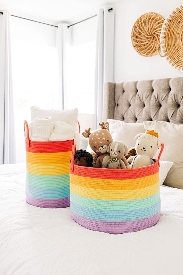OrganiHaus Large Blanket Basket for Living Room 20x13, Rainbow Rope Basket for Classroom Organization, Toy Storage Basket, Woven Kids Laundry Basket, Baby Toy Box, Cute Storage Basket, Nursery Hamper