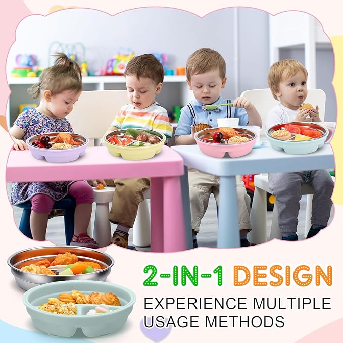 Nuogo 4 Pcs Stainless Steel Baby Suction Plates with Removable Silicone Shell 2-in-1 Metal Toddler Bowl Divided for Picky Eaters Kid Feeding Led Weaning Supply, Dishwasher Safe (Macaron Series)