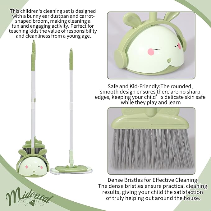 Kids Cleaning Toy Set, Mini Child Broom, Mop and Dustpan, Little Housekeeping Helper Set ,Pretend Home Cleaning Play Set for Toddler Age 1-5,6pcs (Green)