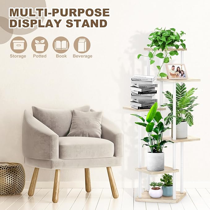 6 Tier Wood Tall Plant Stand Metal Rack Indoor, Multiple Flower Pot Holder Shelves Corner Rack, Planter Shelf Display Rack Storage Organizer for Patio Living Room Balcony Garden(White Oak)