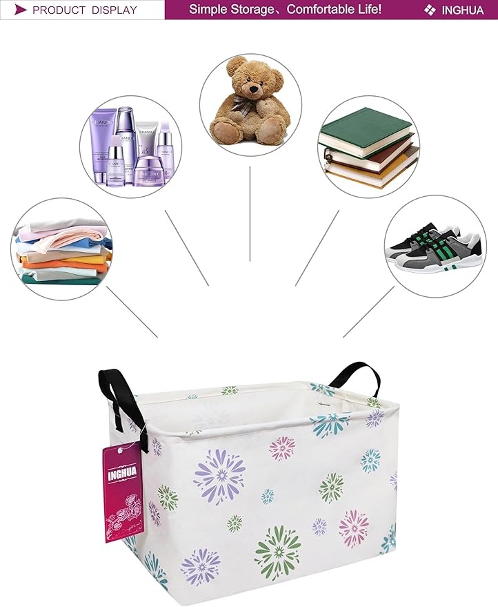 Rectangular Storage Basket Fabric Organizer Bin for Toys,Books,Clothes,Gifts,Pets-Perfect for Home,Office,Nursery,Dorm,Shelf(Rec-Colorful fireworks)