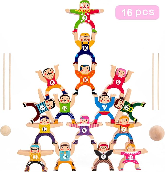 Wooden Stacking Toys,16Pcs Circus Hercules Acrobatic Troupe Interlock Toy,Balancing Building Blocks Game Toddler Puzzle Toys,for 3 4 5 6 Years Old Kids Adults