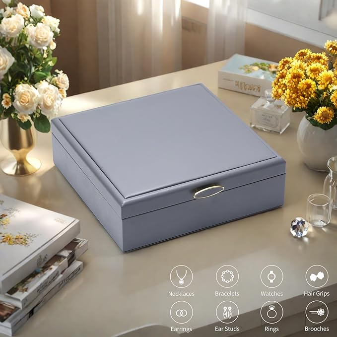 2-layer jewelry box，Jewelry Organizer with Handle，with hanging necklace hooks, detachable jewelry trays, suitable for storing a large amount of jewelry gift box (Large-Grey)