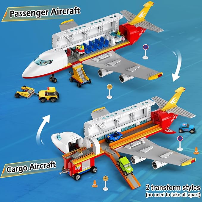 HOGOKIDS 2 Style City Airplane Building Set with LED Light - Large Plane Building Blocks Switch Passenger & Cargo Projectile Toy with 3 Cars, Planes Model Toys Gifts for Adults Boys Girls Age 6-12+