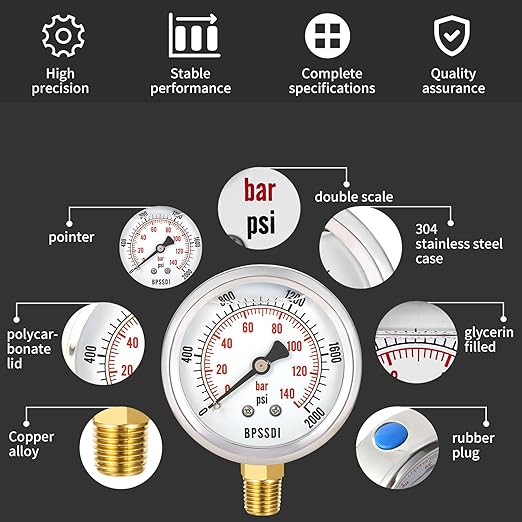 0-2000 Psi Glycerin Liquid Filled Hydraulic High Pressure Gauge, 2.5" Dial Size, 1/4" NPT Lower Mount, 304 Stainless Steel Case, for Water Oil Air Gas Pressure Test