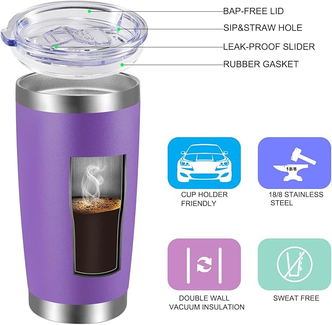 VEGOND 20oz Tumbler with Lid and Straw Stainless Steel Tumbler Cup Vacuum Insulated Double Wall Travel Coffee Mug Powder Coated Coffee Cup(Purple 1 Pack)