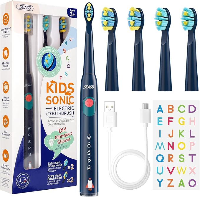 SEAGO Kids Electric Toothbrush, Sonic Soft Bristle Rechargeable Toothbrushes with DIY Stickers, 5 Modes, Includes 4 Replacement Brush Heads, Ages 3 to 12 Years Old (Navy)