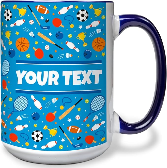 Personalized Mug for Kids - Sports - Custom Name/Text, Ceramic Hot Chocolate/Cocoa/Coffee Cup for Boys/Girls, Birthday/Christmas/Holiday Gift - 15 oz, Navy Blue Handle