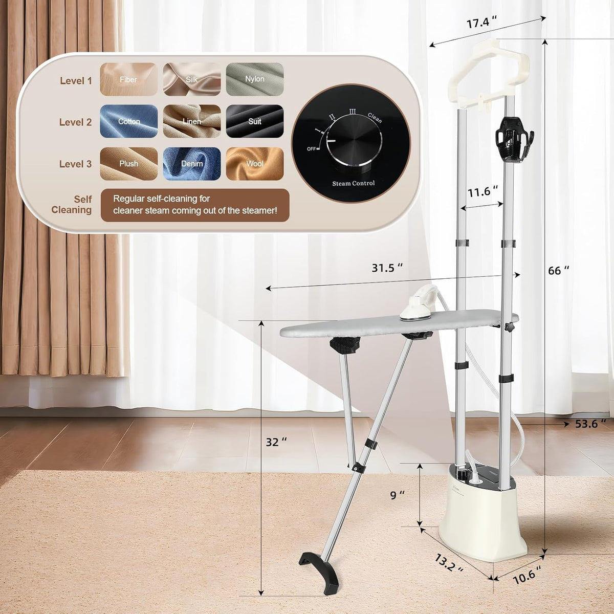 Standing Garment Steamer 1500W Professional Steamer for Clothes 25s Fast Heat-up with Rotating Ironing Head 1.6L/54 fl.oz Water Tank, Self-cleaning Function, Foldable Ironing Board, Ironing Gloves