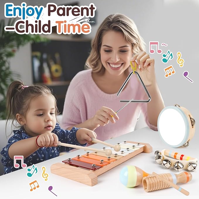 Toddler Musical Instruments-Montessori Wooden Educational Toys for Toddlers 1-3 Baby Musical Instruments Neutral Color Musical Instruments Set with Xylophone Maracas Bell Birthday Gift for Ages 1 2 3
