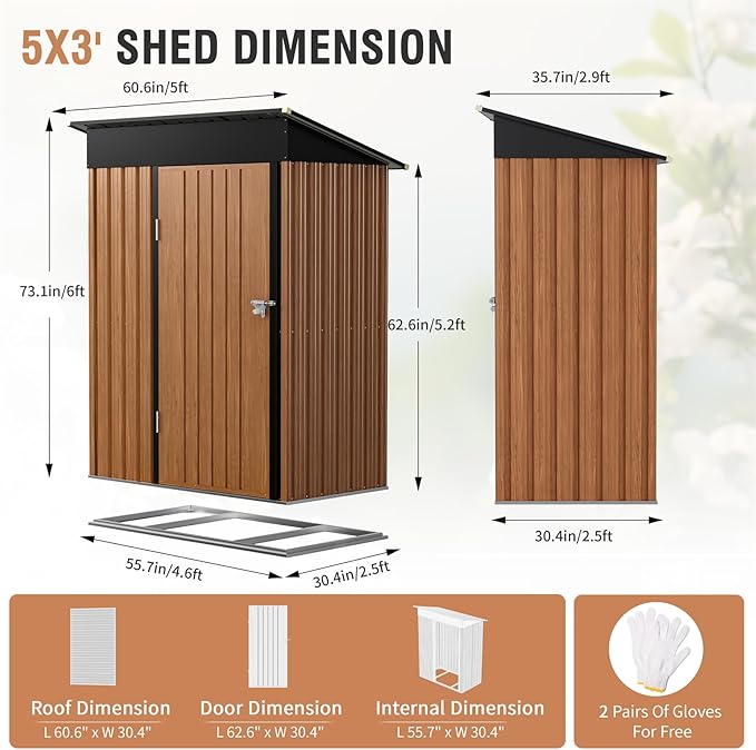 5x3 Ft Storage Shed, Outdoor Metal Shed with Floor Base& Lock, Small Lean to Shed, Compact Vertical Outside Bike Tiny House for Garden, Backyard, Patio, Tool
