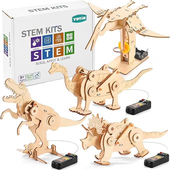 Dinosaur STEM Kits for Kids Ages 6-8-10-12, 4 in 1 Wood Building Toys for Boys Age 8-12, Build It Yourself Woodworking Kit, DIY 3D Wooden Puzzles Model Science Crafts for Kids, Stem Projects