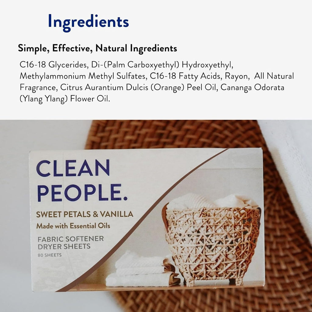 The Clean People Fabric Softener Sheets - Dryer Sheets - Softens & Removes Static Cling - Vegan Laundry Softener, Essential Oils - Sweet Petals & Vanilla 360 Pack