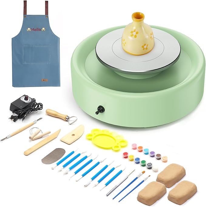 Alldeer Mini Pottery Wheel Machine - 6" Upgraded Clay Wheel for Beginners & Kids, 75W Motor, Adjustable Speed, Low Noise Ceramic Making Kit with 18PCS Sculpting Tools, Ideal for Home DIY (Green)