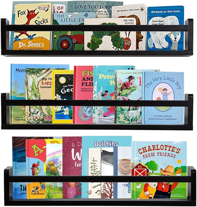 AZSKY Classic Nursery Book Shelves Black Wooden Floating Shelves Wall Bookshelf for Bathroom Decor Kitchen Spice Rack Organizer Kids Room 24 Inch Set of 3