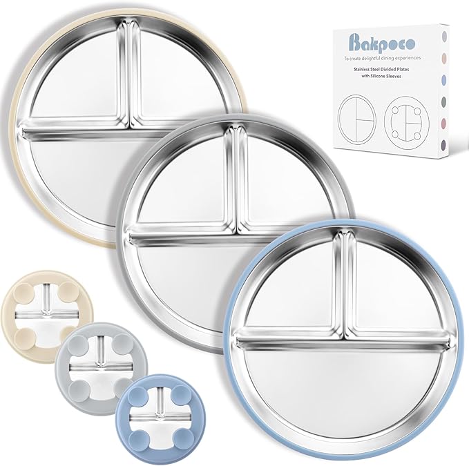 Stainless Steel Suction Plates for Toddlers, 9" Divided Kids Baby Plates with Removable Silicone Suction, Non Toxic Non Slip Portion Control Snack Dishes 3 Packs, Blue Gray Beige
