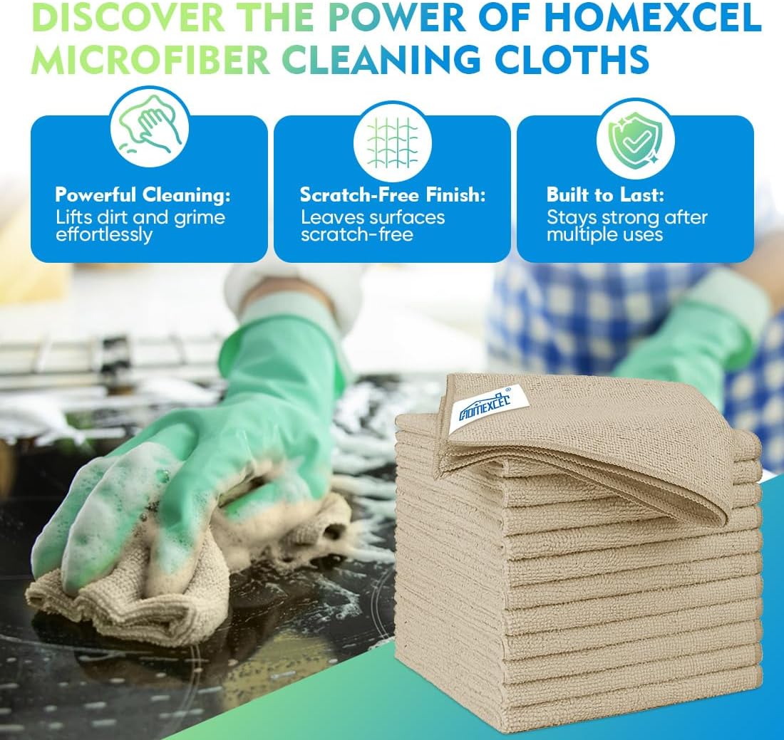 HOMEXCEL Brown Microfiber Cleaning Cloth 12 Pack, 12.5 x 12.5 inch Microfiber Towels for Cars, Ultra Absorbent Car Washing Cloth, Lint Free Streak Free Cleaning Rags for Car, Kitchen, and Window