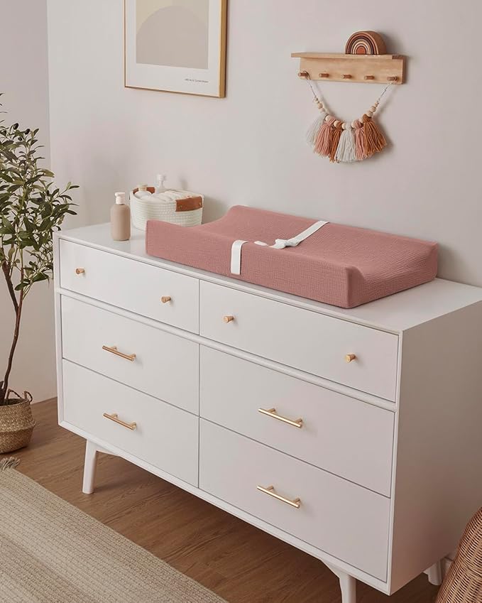 Blissful Diary Muslin Baby Changing Pad with Waterproof Lining Foam, Diaper Changing Table Pad with Cover for Dressers (Dusty Pink, Rectangular)