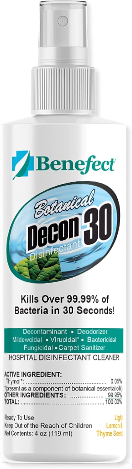 Benefect Botanical Decon 30 Disinfectant Cleaner, 4 oz. Spray Bottle, Light Lemon & Thyme Scent, Hospital Grade Disinfectant, Kills Over 99.99% of Germs, Safe for Food-Contact Surfaces