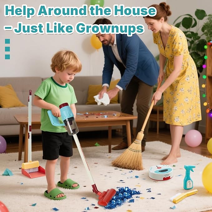 3-in-1 Kids Cleaning Toy Set, Working Toy Vacuum with Real Suction, Toddler Broom & Mop, Pretend Home Cleaning Kit for Boys & Girls Ages 3+