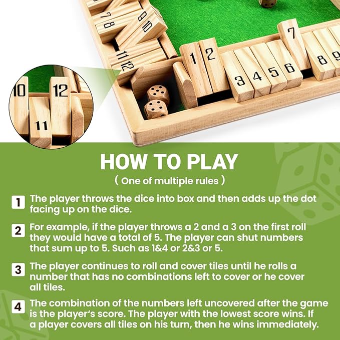 ropoda Shut The Box Game, Upgraded 12 Numbers Wooden Board Games for Adult and Kids, Shut The Box Dice Game -Addition Training, Fun for Family Game Night