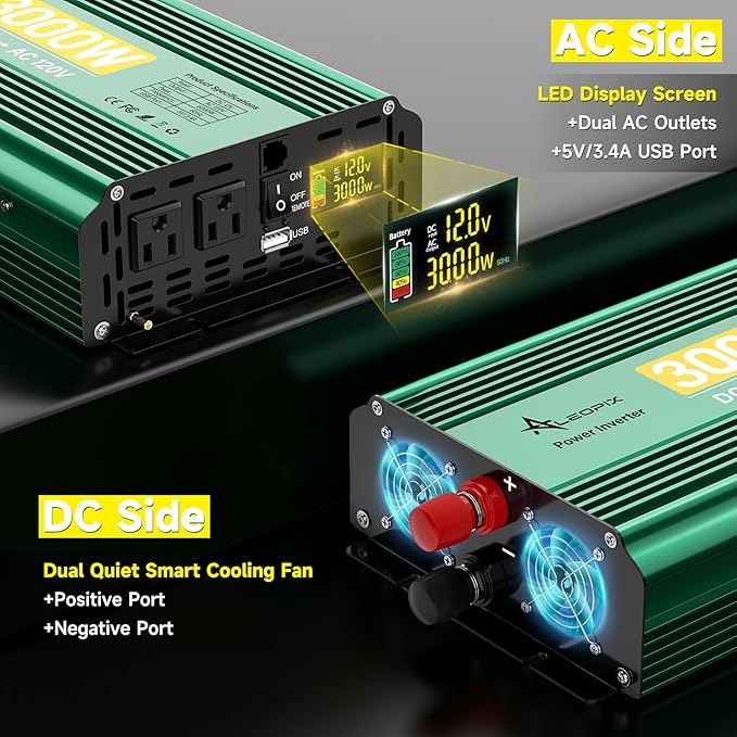 3000 Watt Inverter 12V to 110V/120V 6000W Peak Truck Power Inverter for Vehicles, Modified Sine Wave AC to DC Converter for RV Home with 2 AC Outlets 3.4A USB Port LED Didplay Remote Controller