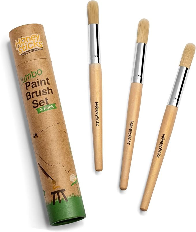 Honeysticks Jumbo Paint Brush Set - 3 Pack. Jumbo Paint Brushes for Kids with a Large Wood Handle for Easy Grip. Perfect for Toddler and Preschool Painting. Handy Storage Container. Vegan.