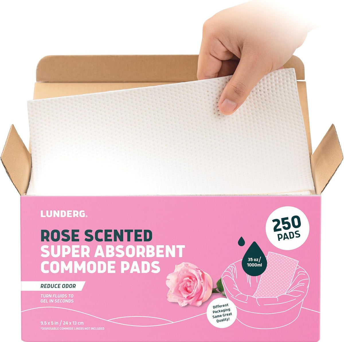 Lunderg Rose Scented Super Absorbent Commode Pads - Medical Grade Value Pack 250 Count - for Disposable Bedside Commode Liners, Adult Chairs, Portable Buckets & Camping Toilet Bags - Light Scent