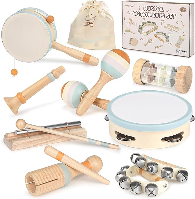 Wooden Musical Toys for Toddlers 1-3 - One 1st Birthday Easter Gifts for Boy & Girl 1-2, Montessori Toys for 2 3 Year Old, Musical Instruments with Drum for Baby Preschool Educational 18+ Months