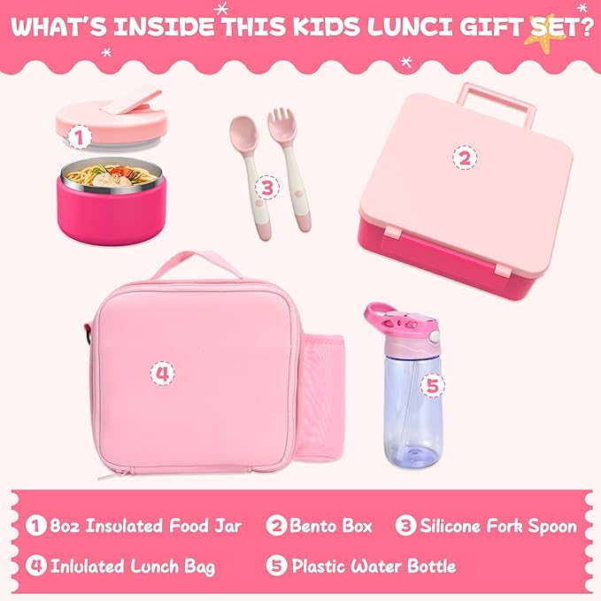 Kids Bento Lunch Box with 8oz Soup Thermo, Water Bottle, Leakproof Lunch Food Containers with 4 Compartment, Kids Insulated Hot Food Jar with Lunch Bag for School(Pink)