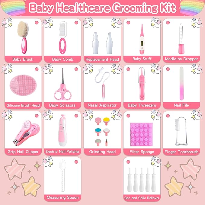 28 in 1 Baby Healthcare and Grooming Kit, Infant Baby Nursery Kit Electric Nail Trimmer Set with Gas Colic Passer Nasal Aspirator Nail Clipper Hair Brush Comb for Newborn Girls Boys (Pink)