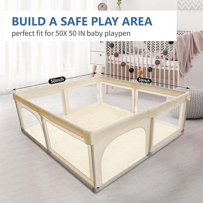 Baby Play Mat for Floor, 1.3" Thick Elasti-Foam 50x50 Playpen Mat for Toddlers Infant Kids,Water-Repellent Soft Velvet for Tummy Time, Non-Slip Backing for Crawling, Tatami Style(Vanilla)