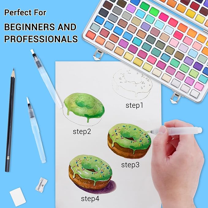 Watercolor Paint Set, 168 Vivid Colors with Regular, Macaron, Metallic & Fluorescent Colors, Travel Watercolor set including Palette, Water Brush Pens, Art Supplies Kit Great for Artists, Beginners