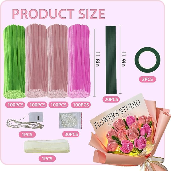 LOLEDE 400Pcs Pipe Cleaners Craft Kit, 3 Colors Chenille Stems for DIY Artificial Flower Making with Floral Wires, Gardening Tape, LED String Lights, Pearl Beads & Ribbon (Pink)