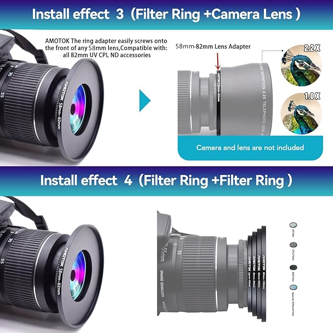 58mm Lens to 82mm Camera Filters Ring Compatible All 58mm Camera Lenses to 82mm UV CPL ND Filter Accessory and 82mm Lens Hood(58-82mm)
