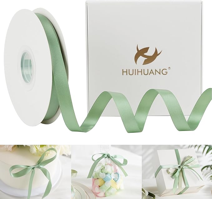 HUIHUANG Sage Green Satin Ribbon 1/2 inch X 50 Yards Continuous, Light Green Double-Faced Satin Ribbon for Gift Wrapping, Bows, DIY Crafts, Flower Bouquet, Bridal Shower Wedding Decor