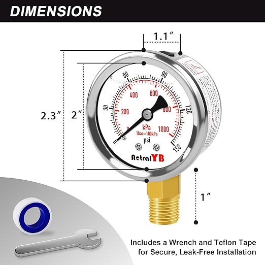 0-150 PSI Pressure Gauge, Liquid-Filled, 2-Inch, Stainless Steel Case, Brass Internals, 1/4" NPT Bottom Mount, Pressure Gauge for Air Compressor, RV Regulator, and Industrial Use