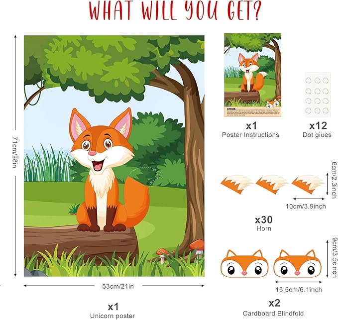ASTARON Pin The Tail on The Fox Party Game with 30 Tail Stickers for Forest Farm Birthday Supplies Pin Game, Boys Girls Animal Party Favors Christmas Decorations