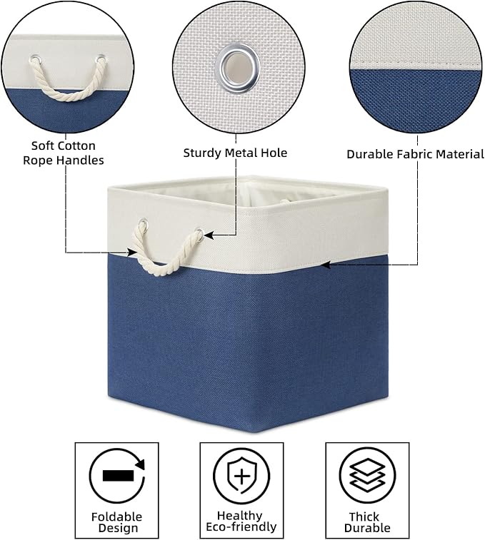 Bidtakay Storage Baskets Large Cube Storage Bins Fabric Baskets for Organizing Shelves 13x13 Navy Blue Square Storage Bins Large Set of 3 Linen Closet Organizers for Cabinet Home