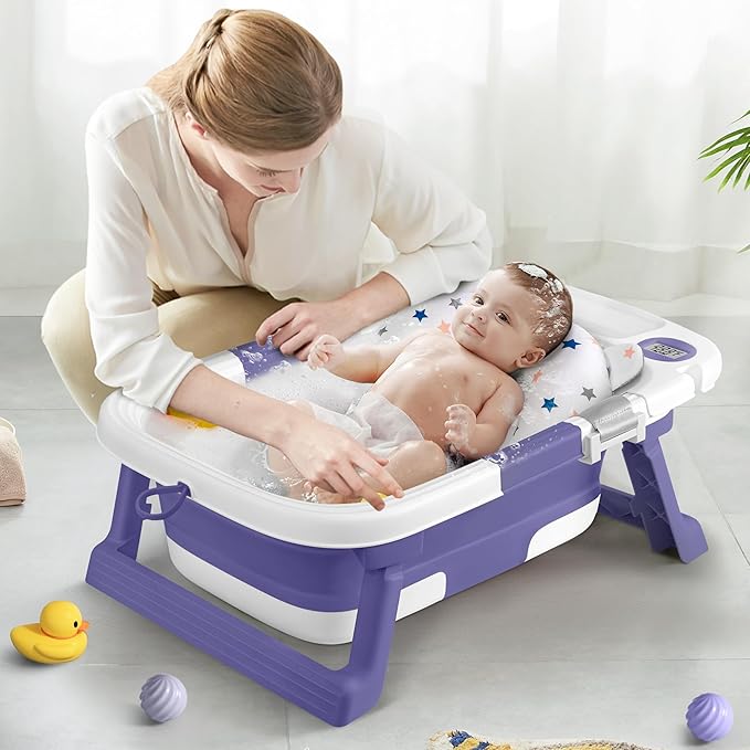 Collapsible Baby Bathtub,Baby Bath Tub with Thermometer & Soft Cushion,Baby Bathtub for Newborn to Toddler 0-36 Months,Portable Travel Baby Tub with No-Slip Feet,Baby Shower Gifts,Lavender