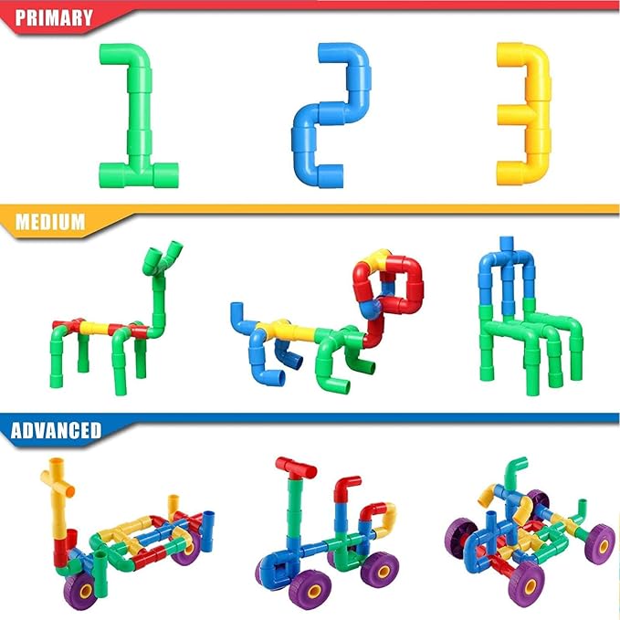 ZOZOPLAY STEM Learning Toy Tubular Pipes & Spouts & Joints 64 Piece Build Bicycle, Tank, Scootie, Moter Skills Endless Designs Educational Building Blocks Set for Kid Ages 3+ Multicolor