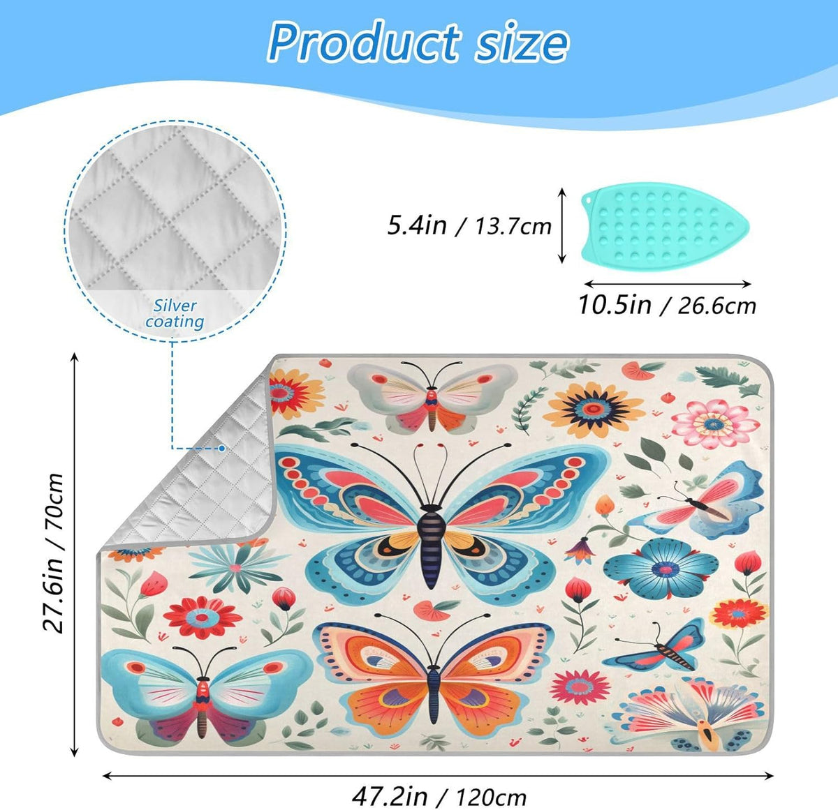 Decorative Butterfly Floral Ironing Mat Thickened Ironing Blanket Travel Portable Double-Side Using Ironing Pad Travel Isolate Heat Pad Cover for Washer Dryer Table Top Countertop 27.6x47.2in