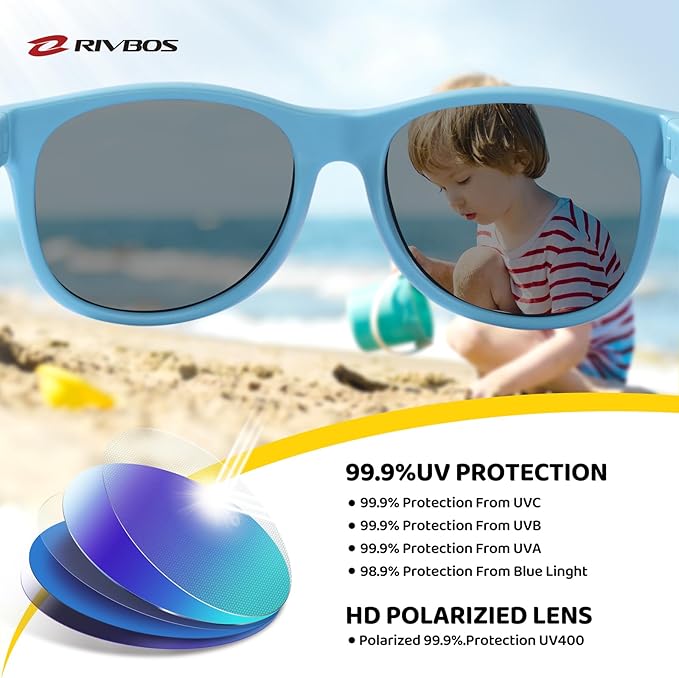 RIVBOS Kids Sunglasses Polarized UV Protection Flexible Rubber Glasses Shades with Strap for Boys Girls RBK004
