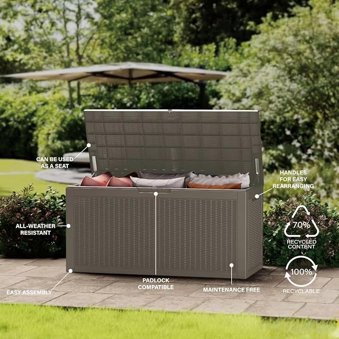 Multi-Functional 100 Gallon Patio Storage Bench - Waterproof Outdoor Deck Box & Storage Cabinet, Lockable Resin Chest for Pool/Garden Accessories, UV-Resistant, Weathered Grey
