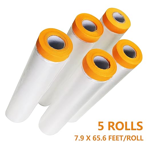 5 Rolls Pre-Taped Masking Film - Masking Film Plastic for Car Paint, Furniture Protection (7.9 Feet X 65.6 Feet)
