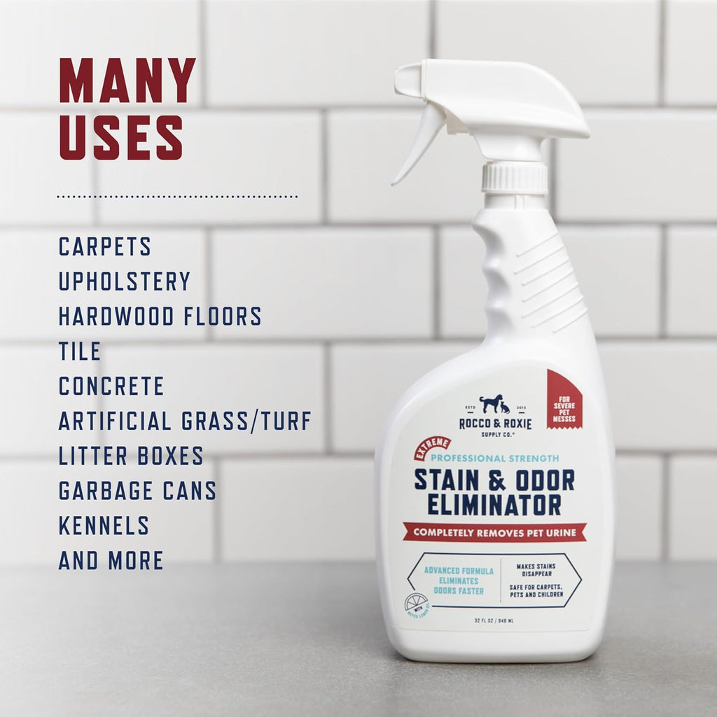 Rocco & Roxie Extreme Stain & Odor Eliminator for Strong Odor, Pet Urine Enzyme Cleaner Destroyer, Stain Remover, Dog Poop and Cat Pee, Enzymatic Carpet Cleaner Spray for Home, Puppy Potty Training