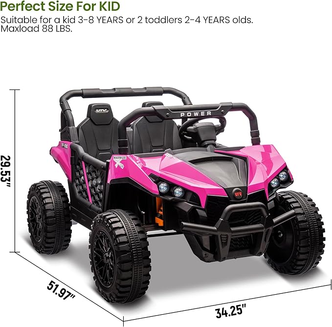 24V 2 Seater Ride On Car Truck, Power Wheels Kids UTV w/Parent Remote Control, 3.1 MPH Max Speed, Music Player, LED Lights & Storage, Electric Vehicle Ride On Toy for Kids Toddler Ages 3-8, Pink