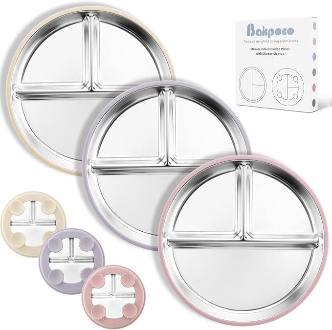 Stainless Steel Suction Plates for Toddlers, 9" Divided Kids Baby Plates with Removable Silicone Suction, Non Toxic Non Slip Portion Control Snack Dishes 3 Packs, Pink Beige Lilac