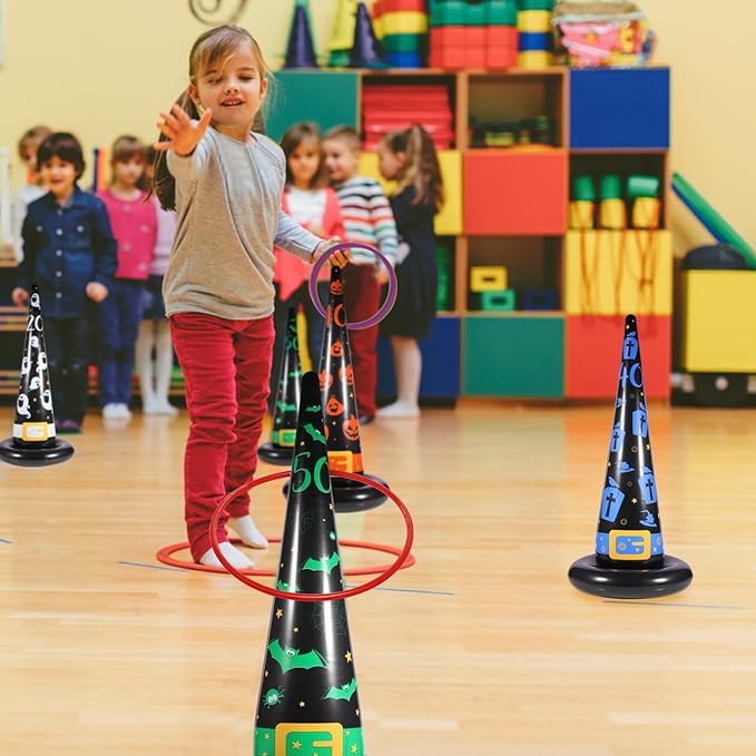 Halloween Ring Toss Game Set, 5Pcs Inflatable Witch Hats with 10Pcs Colorful Plastic Rings and Air Pump for Halloween Party Games Super Fun Indoor Outdoor Party Supplies